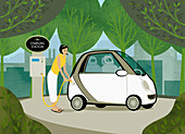 Woman recharging her electric car among trees, illustration