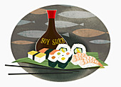Sushi, sashimi and soy sauce, illustration