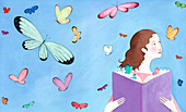 Butterflies flying around girl reading book, illustration