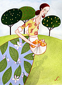 Woman carrying harvested oranges in apron, illustration