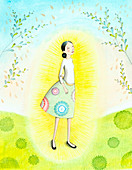 Light shining around happy woman in nature, illustration