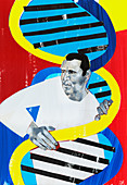 Man climbing through DNA helix, illustration