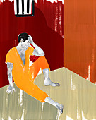 Man sitting on floor of jail cell, illustration