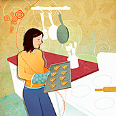 Woman baking Christmas cookies, illustration