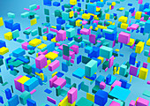 Abstract arrangement of multicoloured cubes, illustration