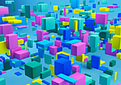 Abstract arrangement of multicoloured cubes, illustration
