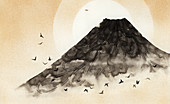 Birds flying over misty volcano mountain, illustration