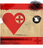 Heart with red cross following Yen symbol, illustration