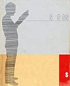 Silhouette of man reading and dollar symbols, illustration