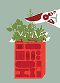 Clippers cutting plants growing in box, illustration