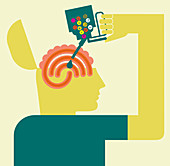 Man pouring symbols from oil can into brain, illustration