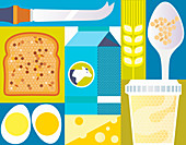 Bread, eggs and dairy products, illustration