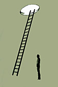 Man standing under ladder leading to opening, illustration