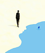 Walking man observing message in bottle, illustration