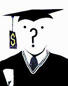 Question mark over face of graduate, illustration