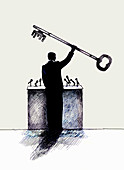 Speaker on podium holding large key, illustration