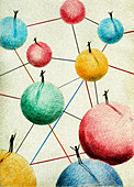 People waving standing on connected balls, illustration