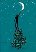 Man on stacked chairs reaching for moon, illustration