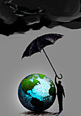 Businessman protecting globe with umbrella, illustration