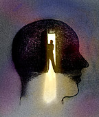 Man opening door inside of man's head, illustration