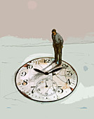 Businessman standing on crumbling clock, illustration