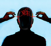 Hands untangling thread from inside of head, illustration