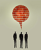 Brick wall speech bubble above businessmen, illustration