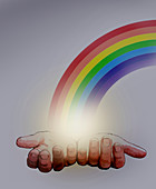Outstretched hands holding end of the rainbow, illustration