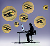 Businessman working surrounded by eyes, illustration