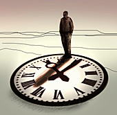 Businessman standing on top of clock face, illustration