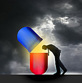 Man looking inside of glowing pill capsule, illustration
