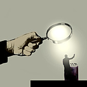 Hand holding magnifying glass over politician, illustration