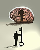 Man holding large key to keyhole in brain, illustration