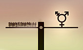 People on seesaw with transgender symbol, illustration