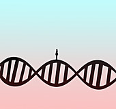 Woman standing on DNA double helix, illustration