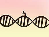 Man in wheelchair on DNA double helix, illustration