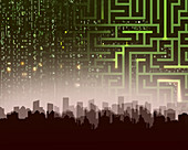 Maze and computer coding over city skyline, illustration