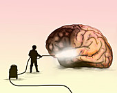 Man washing brain with pressure washer, illustration