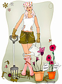 Young woman gardening, illustration