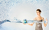 Woman holding globe surrounded by water, illustration