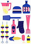 Barbecue food and cooking utensils, illustration
