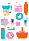 Picnic basket with food, illustration