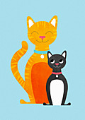 Two happy cats sitting side by side, illustration