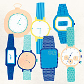 An assortment of different watches, illustration