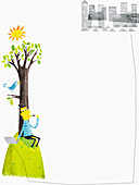 Man under tree using laptop, illustration