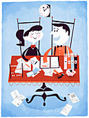 Couple paying bills at table, illustration