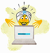 Genie in turban gesturing above laptop, illustration