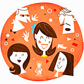 Faces of happy people celebrating, illustration