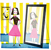Smiling woman looking at unhappy reflection, illustration