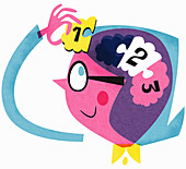 Woman connecting pieces inside of brain, illustration